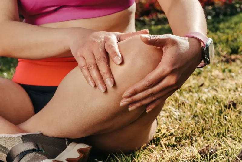 Sportieve vrouw met runners knee houdt haar knie vast terwijl ze op het gras zit